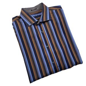 BUGATCHI UOMO Mens Long Sleeve Button Up Blue Brown-XL
